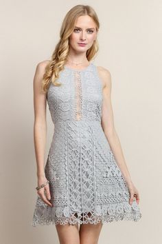 100% Polyester Spring Feminine A-line Lace Dress, Gray A-line Mini Dress For Spring, Spring A-line Sleeveless Lace Dress, Spring Lace A-line Sleeveless Dress, Fit And Flare Lace Mini Dress, Lace Fit And Flare Mini Dress, Fitted Sleeveless Midi Dress For Spring, Fitted Midi Length Sleeveless Dress For Spring, Spring Lace Fit And Flare Mini Dress