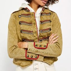 Free People Naomi Structured Military Jacket. New Without Tags! Grey Puffer Jacket, Jacket With Embroidery, Military Inspired Jacket, Military Jacket Green, Long Overcoat, Jersey Jacket, Military Coat, Military Style Jackets, Free People Jacket