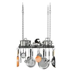 an overhead pot rack with pots and pans hanging from it