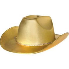 Giddy-up in a Gold Cowboy Hat! This novelty cowboy hat has a leather-like finish with a curved brim and pinched crown. The attached braided cord provides a secure fit while you cheer from the rodeo stands! Makes a great photo booth prop too.Gold Cowboy Hat product details:11in wide x 14in long x 5in tallPolyesterAttached adjustable chinstrapOne size fits most teens and adults Gold Cowboy Hat, Red Cowboy Hat, Gold Halloween, Photo Booth Prop, Chapeau Cowboy, Golden Birthday, Halloween Costume Shop, Halloween Store, Kids Party Supplies