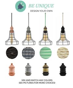 an advertisement for the be unique design your own pendant light fixture, featuring six different colors