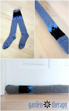 three pictures of socks laying on the floor and in front of a door, with text overlay that says garden therapy