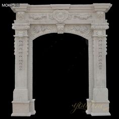 an ornate white marble fireplace mantel with chinese writing on the front and side panels