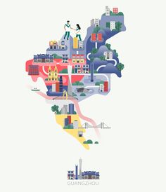 an illustrated map of the united states with buildings, roads and people on it's sides