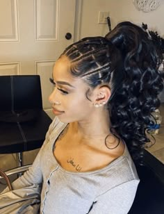 Braid Styles For Natural Hair No Weave, Braided Curly Ponytail Black Women, Quick Braid Ponytail Styles Black Hair, Game Day Braids Hairstyles, Braided Hair Into Bun, Braids With Ponytail Hairstyles, Cornrow Ponytail With Curls, Ponytail With Braids In Front Black Hair, Hairstyles To Do With Knotless