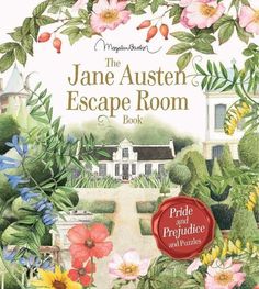 the jane austen escape room book is shown in front of a garden with flowers