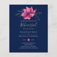 wedding card with pink flowers and leaves on it, in navy blue color palettes