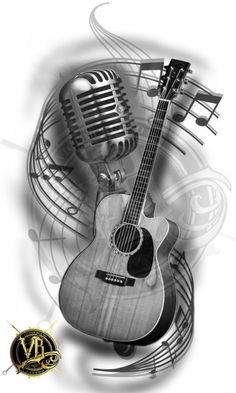 an acoustic guitar and microphone with music notes in the background