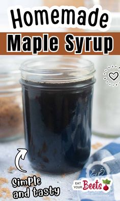 homemade maple syrup in a glass jar with text overlay