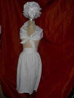 3 pcs -white muslin mob cap, apron, and scarf.  perfect to wear over a long sleeved blouse and long skirt.  comes in many colors to choose from.  High-quality lace and a full apron 25" long. White Regency Style Cotton Petticoat, Regency Style White Petticoat For Daywear, White Regency Style Petticoat For Daywear, Mob Cap, Colonial Dress, Pocket Scarves, Laguna Niguel, Scarf Dress, Lovely Dresses