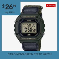 The new green velcro band W218HB-3AV is based on the popular square face W218 Series producing a sporty design takes on a military feel. This digital timepiece delivers plenty of practical functionality, including an LED light for easy reading in the dark, a 1/100-second stopwatch, an alarm, and a calendar, all protected by 50-meter water resistance.Number of Batteries: 1Features: Water Resistant, Quick ShipJewelry Closure: BucklePower Source: Battery (included)Watch Movement: QuartzWater Resis… Green Chronograph Watch With Rectangular Dial, Green Watches With Rectangular Dial And Analog Display, Green Chronograph Digital Watch For Outdoor, Green Outdoor Watch With Stopwatch, Adjustable Green Analog Watch, Casual Green Analog Watch, Casual Green Watch With 10atm Water Resistance, Casual Green Quartz Watch Accessories, Green Chronograph Watch With Stopwatch