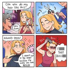 a comic strip about how to use hair dryer for blondes and girls with short hair