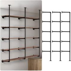 the wall shelving unit is made out of wood and metal