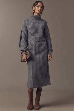 Find ANTHROPOLOGIE Long-sleeve Turtleneck Belted Sweater Midi Dress on Editorialist. This By Anthropologie midi dress features a long sleeve, turtleneck, and a belted waist. The dress is made of a blend of acrylic, polyester, wool, and elastane. It is machine washable. This dress is ideal for casual events. Jumper Dress Outfit, Winter Clothes Fashion, Extra Dresses, Sweater Outfit Ideas, Sweater Midi Dress, Wool Wrap Coat, Corporate Baddie, Sweater Dress Outfit, Belted Sweater