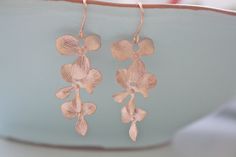 Orchid Dangle Earrings, Rose Gold Earrings, Everyday Earrings on Etsy, $20.00 Nickel Free Rose Gold Flower Earrings For Wedding, Nickel-free Rose Gold Flower Earrings For Wedding, Rose Gold Sterling Silver Flower Earrings For Wedding, Delicate Rose Gold Earrings For Bridesmaid Gift, Dainty Rose Gold Earrings For Bridesmaids, Orchid Earrings, Gifts Bridesmaid, Earrings Everyday, Earrings Rose Gold