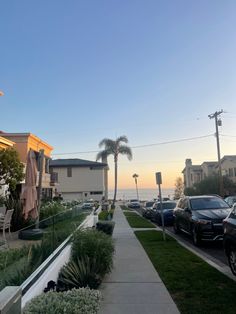 cars parked on the side of a road next to houses and palm trees at sunset