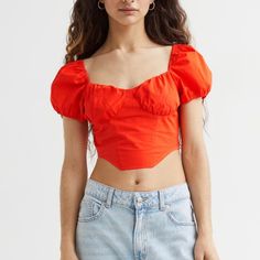 Nwt H&M Cropped Corset Top Red Summer Corset With Built-in Bra, Cropped Cotton Corset, Red Summer Corset, Summer Red Corset With Built-in Bra, Fitted Red Summer Corset, Fitted Red Corset For Summer, Red Fitted Crop Top For Spring, H&m Red Tops For Summer, Trendy Red Crop Top With Built-in Bra