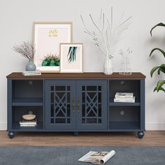 a living room with a blue entertainment center