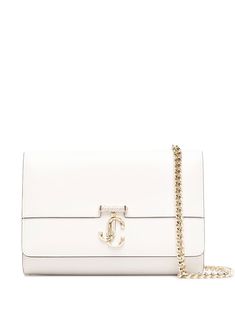 Varenne leather clutch bag from JIMMY CHOO featuring white, calf leather, gold-tone hardware, logo plaque, foldover top with magnetic fastening, main compartment, internal card slot and detachable chain-link shoulder strap. | Jimmy Choo Varenne leather clutch bag Jimmy Choo Bags Clutches, White Clutch Purse, Jimmy Choo Bags, Jimmy Choo Clutch, Bridal Handbags, Hardware Logo, White Clutch, Jimmy Choo Bag, Leather Clutch Bag