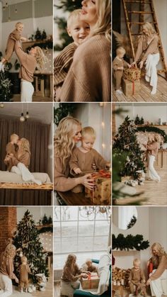 a collage of photos with women and children around the christmas tree in their living room