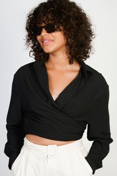 Black linen plunging tie front shirt Fitted V-neck Top With Tie Sleeves, Elegant V-neck Shirt For Day Out, V-neck Wrap Top With Tie Waist For Work, Trendy V-neck Top With Twist Front, V-neck Twist Front Top For Day Out, Twist Front V-neck Top For Day Out, Chic Tops With Tie Waist And Surplice Neckline, Workwear V-neck Blouse With Tie Sleeves, V-neck Top With Tie Waist For Party