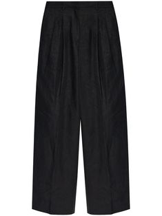 black linen/flax pleat detailing belt loops high-waisted concealed front fastening two side inset pockets rear button-fastening jetted pocket wide leg long length Black Linen Wide-leg Pants, High Waist Black Linen Pants, Black Linen Wide Leg Bottoms, High-waist Black Linen Wide Leg Pants, High Waist Black Linen Wide Leg Pants, Black Linen High-waisted Pants, Linen Wide Leg Pants With Belt Loops For Work, Black High-waisted Linen Pants, Black Linen Wide Leg Pants