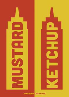 two red and yellow posters with the words ketchup next to eachother