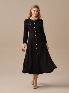 Fall A-line Dress With Lace Trim, Elegant A-line Dress With Buttons, Winter A-line Dress With Button Closure, Luxury Party Dress With Button Closure, Luxury Button Closure Party Dress, Elegant A-line Vintage Dress With Buttons, Elegant Tweed Dress With Buttons For Party, Elegant Party Tweed Dress With Buttons, Winter A-line Midi Dress With Buttons