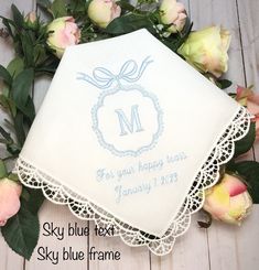 A perfect embroidered something blue handkerchief gift for the Bride to wipe away the happy tears. Or to give to special family members and guests at the bridal shower, rehearsal dinner, or on the wedding day! All of my personalized hankies are embroidered. (No ink printing here!) For the personalization, please be sure to include the single initial and the date (optional). I will automatically embroider the phrase: For your happy tears The months will be spelled out as shown in my sample photos, as dots, dashes and slashes do not stitch in well. I will copy and past to prevent errors when embroidering, so please double check (especially the date). This handkerchief is embroidered and make a perfect keepsake to last a lifetime!  *SO MUCH MORE TO SEE* I have over 20 years of experience in t For Your Happy Tears, Bride Something Blue, Wedding Day Gift For Bride, Monogrammed Handkerchiefs, Wedding Hankerchief, Embroidered Handkerchief Wedding, Bride Personalized, Wedding Party Flowers, Crochet Edge