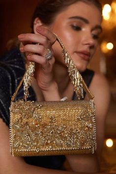 Shop for Lovetobag Esme Flapover Clutch With Handle Online at Aza Fashions Indian Purses Clutches, Gold Purse Outfit, Kiran Uttam Ghosh, Ethereal Classic, Indian Clutch, Glittery Jewelry, Fancy Clutch, Charity Ball, Girl Prom