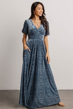 Leslie Velvet Maxi Dress | Blue | Baltic Born Muted Blue Dress, Boho Mother Of The Bride Dress, Dusty Blue Mother Of The Bride Dress, Mother Of The Bride Dresses Blue, Textured Bridesmaid Dresses, Blue Mother Of The Bride Dress, Waffley Wedded, Blue Lace Bridesmaid Dresses, Slate Blue Dress