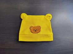 - handmade vintage yellow baby/toddler hat with embroidered teddy bear - 32cm Handmade Yellow Cotton Hats, Yellow Playful Hats For Playtime, Yellow Playful Hat For Playtime, Playful Yellow Hat For Playtime, Cute Handmade Yellow Hat, Toddler Hat, Baby Yellow, Embroidered Hats, Vintage Yellow