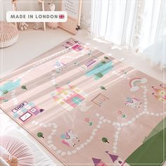 a child's bedroom with pink rugs and toys