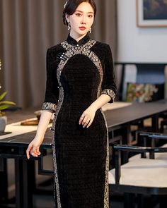 Black Long Qipao Dress Elegant Slim Party Dress - Weqipao Black Qipao, Chinese Long Dress, Long Qipao, Qipao Cheongsam, Qipao Dress, Cheongsam Dress, Chinese Dress, Floor Length Dresses, Dress Elegant