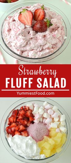 strawberry fluff salad in two bowls with strawberries on top