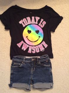 Girls Justice "Todays Awsome" smilie face shirt Size 10 and justice denim shorts Size 10S Spring List, Justice Clothes, Justice Clothing Outfits, Barbie Invitations, Justice Store, 21st Birthday Outfit, Justice Clothing, Woman Clothes, Justice Shirts