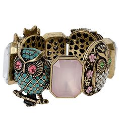 Betsey Johnson Pearl Critters Collection Owl Jeweled Stretch Bracelet. Betsey Johnson 100% Authentic Pearl Critters Collection Stretch Bracelet Antique Gold Toned Alloy Metal Owls ( 4 Total ) Accented With Pink And Turquoise Enamel. Clear, Pink, Green Crystals And 2 Clear And 2 Lavender Lucite Cushion Cut Gems. One Size Fits Most Adult Women. New With Tags Owl Accessories, Betsey Johnson Bracelet, Owl Bracelet, Betsey Johnson Earrings, Owl Jewelry, Vintage Owl, Designer Fashion Jewelry, Betsey Johnson Jewelry, Stretch Bracelet