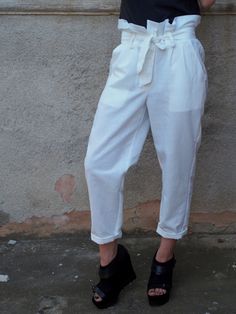 "White linen hight waisted pants,made on 100 % linen, very mofortable and chic ! 🎁 Gift - ✈ EXPRESS SHIPPING✈ ☎ Please, provide your mobile number in a note to seller look other similar itmes in my etsy shop https://www.etsy.com/shop/AdrenalineFashion SIZE XS bust: around 33 in / 84-86 cm Waist: around 26 in / 62-64 cm Hip: around 35.5 in / 88-90 cm Aproxx height: 5'3\" / 160 cm SIZE S bust: around 35 in / 88-90 cm Waist: around 28 in / 66-68cm Hip: around 37 in / 90-92cm Aproxx height: 5'5\" / White Loose Fit Ankle-length Harem Pants, White Ankle-length Harem Pants With Loosely Fitted Hips, White Cotton Tapered Leg Harem Pants, White High-waisted Relaxed Fit Harem Pants, Chic White Ankle-length Harem Pants, White Baggy High Waist Harem Pants, White High Waist Baggy Harem Pants, White Baggy Wide Leg Ankle-length Pants, White High-waisted Cotton Harem Pants