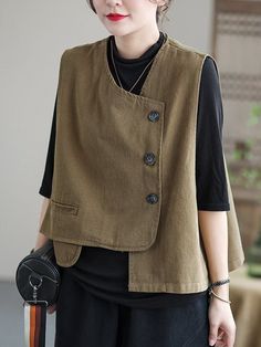 Casual Beige Top With Asymmetrical Hem, Ladies Waistcoat, Harajuku Street Style, Linen Sleeveless Top, Fall Vest, Grunge Baggy, Cotton Vest, Bolero Jacket, Casual Vest