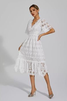 Spring Lace Sleeves Midi Dress For Garden Party, Bohemian V-neck Dress With Scalloped Lace, Summer V-neck Lace Dress, Knee-length Lace Patchwork Dress For Garden Party, White V-neck Maxi Dress With Lace Trim, White Scalloped Lace Beach Dress, White Lace Dress With Lace Trim, White Lace Dress With Broderie Anglaise, Spring Short Sleeve Lace Embroidered Dress