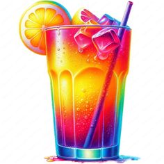 a painting of a colorful drink with ice and orange slice