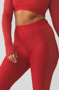 The Airlift High-Waist Ballet Dream Legging - perfect for barre and beyond. Sculpting Airlift fabric and strategic mesh panels lift and contour, while the high rise and fitting flair flatter every figure. Designed to transition seamlessly from practice to pavement in stylish comfort, this legging nails the ballerina look and feel. Alo Yoga Fitted Activewear For Pilates, Fitted Alo Yoga Activewear For Pilates, Alo Yoga Nylon Training Bottoms, Fitted Activewear For Barre, Sporty Fitted Bottoms For Barre, Alo Yoga Fitted Activewear For Training, Compression Athleisure Bottoms For Barre, Red Compressive Activewear For Pilates, Fitted Athleisure Activewear For Barre