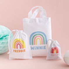 two bags with the words winne on them next to an egg and other items