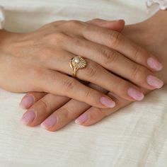 Diamond Seashell Ring Set with Freshwater Pearl – ARTEMER Seashell Engagement Ring, Elegant Shell-shaped Ring For Gifts, Elegant White Gemstone Signet Ring, Elegant Wedding Signet Ring With Baguette Cut, Elegant Shell-shaped Gold Rings, Elegant Gold Shell-shaped Rings, Elegant Shell Jewelry For Anniversary, Seashell Ring, Ring Ideas