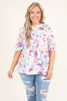 Chic Soul plus size clothing, ivory pink purple yellow floral half length flutter sleeve casual top Feminine Floral Print Peplum Top, Spring Feminine Peplum Top With Ruffle Sleeves, Feminine Floral Print Peplum Top For Spring, Spring Feminine Ruffle Sleeve Peplum Top, Feminine Ruffle Sleeve Peplum Top For Spring, Spring Floral Print Feminine Peplum Top, White Floral Print Flutter Sleeve Blouse, White Floral Print Blouse With Flutter Sleeves, White Blouse With Floral Print And Ruffle Sleeves