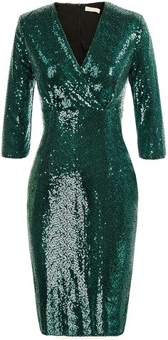 This holiday-themed dress is perfect for your festive occasions. Featuring a 3/4 length sleeve and wrap design, this hunter green sequin dress is sure to make a statement. The glitter detail adds a subtle glamour, making it perfect for any formal event. Shell: 98% Polyester + 2% Viscose, Lining: 95% Polyester + 5% Spandex Zipper closure GARMENT CARE: Hand wash, hang or line dry, do not dry clean, ironing reverse cold Size Chart Small = Dress 4-6, Bust,33"-35", Waist 25-26", Hips 35"-37"Medium = Green Christmas Evening Dress, Green Evening Dress For Christmas, Green Sequined Christmas Dresses, Green Sequin Christmas Dress, Christmas Sequin Dress For Night Out, Green Sequined Winter Dress, Green Sequin Dress For Winter, Green Christmas Dress For Night Out, Green Holiday Sequin Dress For Formal Occasions