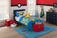 a child's bedroom with pokemon bedding and rugs