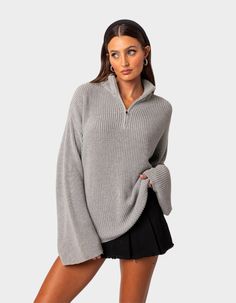 Stay Relaxed To The Max In This Essential Cozy Oversized Zip Sweater. Throw It Over Any Outfit For The Perfect Chilled Vibe. Zip Sweater. Oversized Fit. High Neckline. Knitted Fabric. Model Wears Size S. Model Height Is 5'9. Item Care: Wash With Similar Colors. 100% Cotton. | Edikted Amour High Neck Oversized Zip Sweater Styling Half Zip Sweaters, Obersized Sweater, Fall Oversized Sweater Outfits, Sweater Zip Up, Oversized Quarter Zip Outfit, Church Winter Outfit, Knit Shirt Outfit, Quarter Zip Outfit, Oversized Quarter Zip