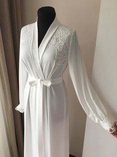 Long Bridal Robe With Lace Ivory Robe Morning Lingerie - Etsy Elegant Lace Trim Gown For Wedding Night, Elegant Lace Trim Wedding Night Gown, Elegant Wedding Night Gown With Lace Trim, Elegant Dresses With Delicate Lace For Wedding Night, Elegant Lace Trim Nightgown For Wedding Night, Lace Dress With Lace Cuffs For Wedding Night, Elegant Wedding Nightgown With Lace Trim, Elegant Wedding Night Nightgown With Lace Trim, Elegant Cream Gown For Wedding Night