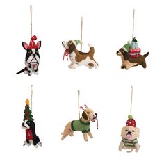 christmas ornaments with dogs hanging from the top and bottom, including a dog ornament